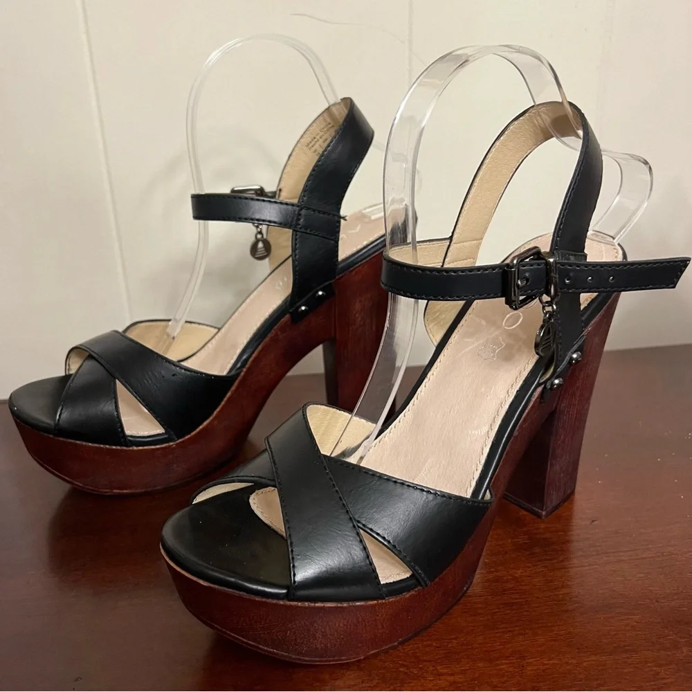Aldo Leather Platform Sandals Black Studded wood Block Heel Size 10 NWOT